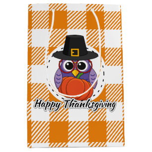 Pilgrim Owl on Orange Plaid - Happy Thanksgiving Medium Gift Bag