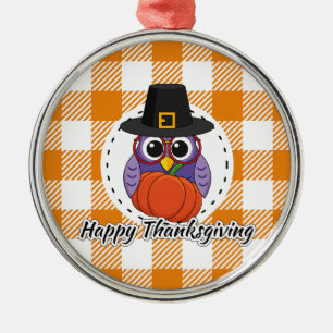 Pilgrim Owl on Orange Plaid - Happy Thanksgiving Metal Tree Decoration
