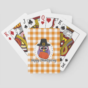 Pilgrim Owl on Orange Plaid - Happy Thanksgiving Playing Cards