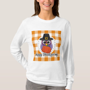 Pilgrim Owl on Orange Plaid - Happy Thanksgiving T-Shirt