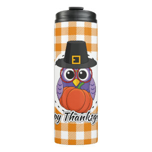 Pilgrim Owl on Orange Plaid - Happy Thanksgiving Thermal Tumbler