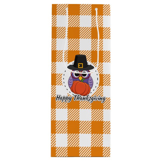 Pilgrim Owl on Orange Plaid - Happy Thanksgiving Wine Gift Bag (Front)