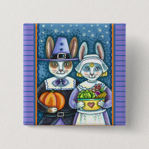 PILGRIM RABBITS, THANKSGIVING HARE'S HARVEST, CUTE 15 CM SQUARE BADGE