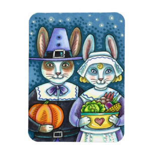 PILGRIM RABBITS, THANKSGIVING HARE'S HARVEST, CUTE MAGNET