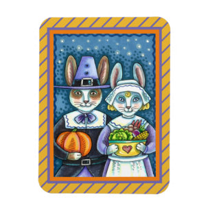 PILGRIM RABBITS, THANKSGIVING HARE'S HARVEST, CUTE MAGNET