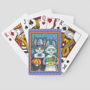 PILGRIM RABBITS, THANKSGIVING HARE'S HARVEST, CUTE PLAYING CARDS