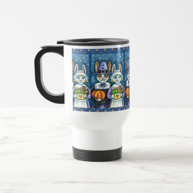 PILGRIM RABBITS, THANKSGIVING HARE'S HARVEST, CUTE TRAVEL MUG (Left)
