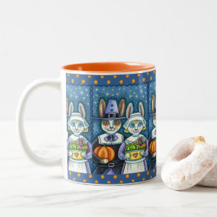 PILGRIM RABBITS, THANKSGIVING HARE'S HARVEST, CUTE Two-Tone COFFEE MUG