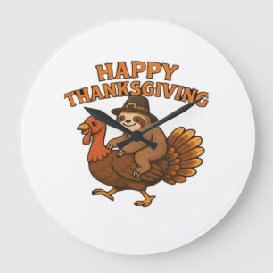 Pilgrim Sloth on Turkey Thanksgiving Classic T-Shi Large Clock