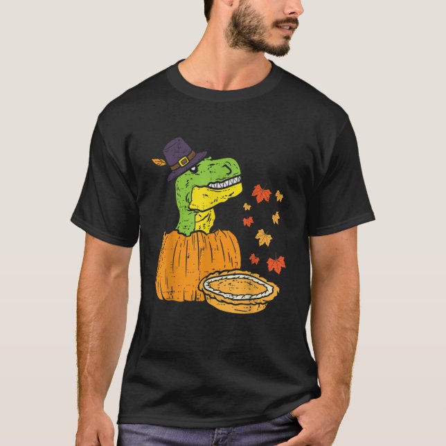 Pilgrim Trex Dinosaur Pumpkin Pie Thanksgiving Kid T-Shirt (Front)