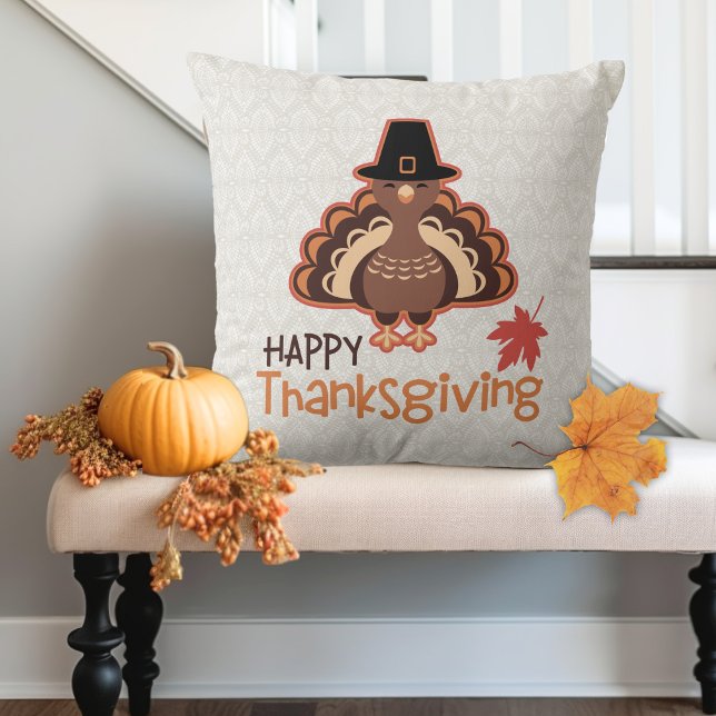 Pilgrim Turkey Thanksgiving Greetings Cushion (Pilgrim Turkey Thanksgiving Greetings Throw Pillow)