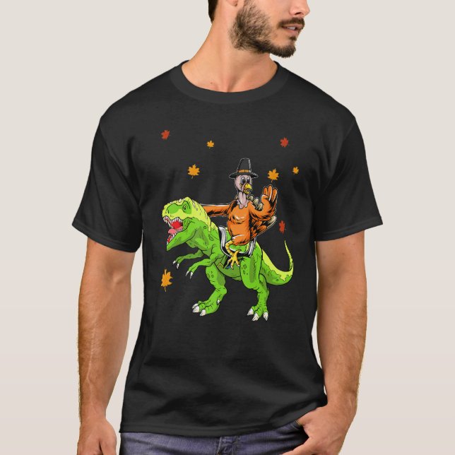 Pilgrim Turkey Trex Dinosaur Happy Thanksgiving Bo T-Shirt (Front)