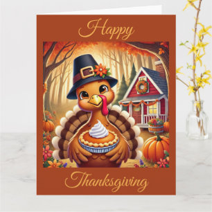 Pilgrim Turkey with Pumpkin Pie on Thanksgiving Card