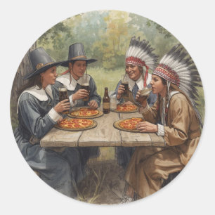 Pilgrims and Indians Pepperoni Pizza Dark Beer Classic Round Sticker