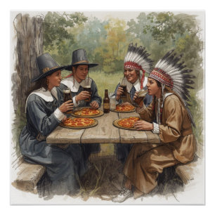 Pilgrims and Indians Pepperoni Pizza Dark Beer Poster