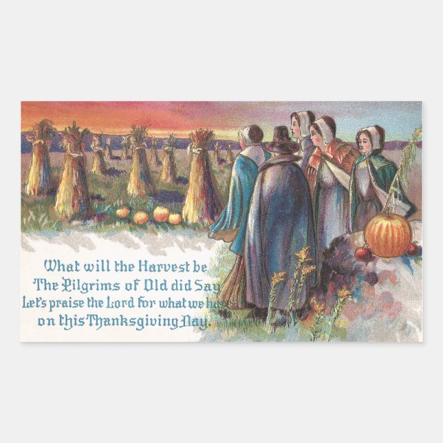 Pilgrims and Pumpkins Vintage Thanksgiving Rectangular Sticker (Front)