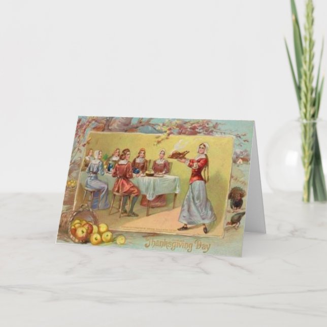 Pilgrims Celebrating Thanksgiving Holiday Card (Front)