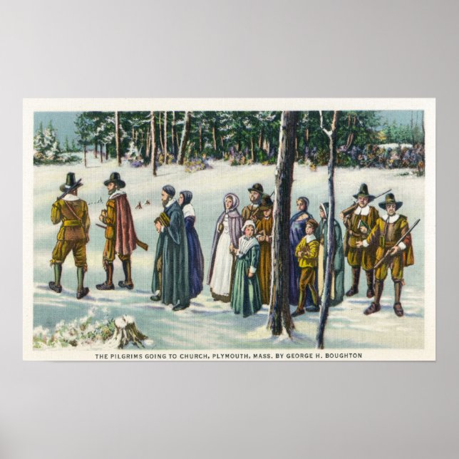 Pilgrims Going to Church in the Snow Scene Poster (Front)