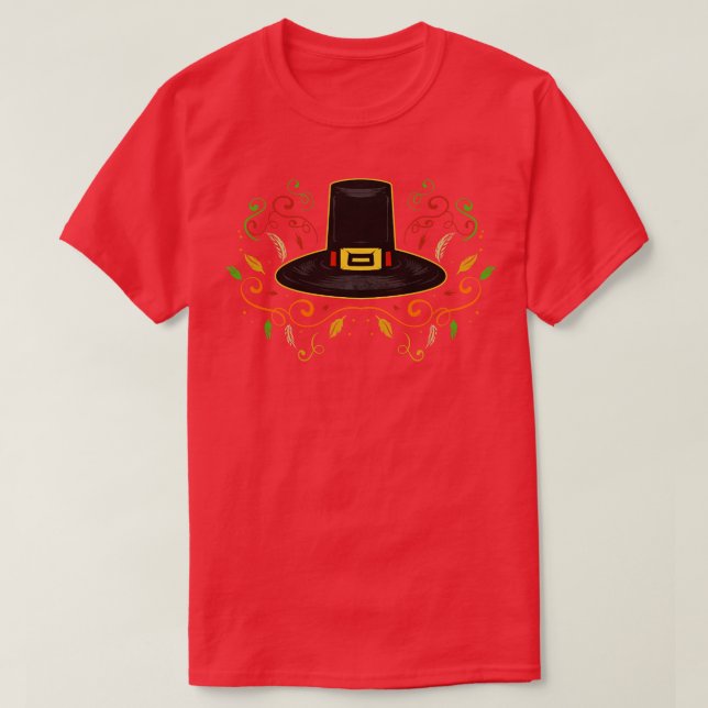 Pilgrims Hat With Leaves And Ornaments Thanksgivin T-Shirt (Design Front)