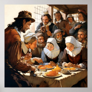 Pilgrims Praying over Thanksgiving Meal Poster