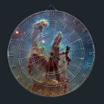 Pillars of Creation, Eagle Nebula Hubble Space Dartboard<br><div class="desc">Webb image in the heart of the Eagle Nebula, colossal pillars of gas and dust dance in a cosmic ballet. Though ravaged by fierce winds from nearby stars, these pillars are sanctuaries of creation. Within their swirling embrace, new stars ignite, their fiery birth throes a counterpoint to the slow erosion...</div>