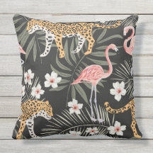 Pillow Black Tropical Tiger Flamingo Black/Pink
