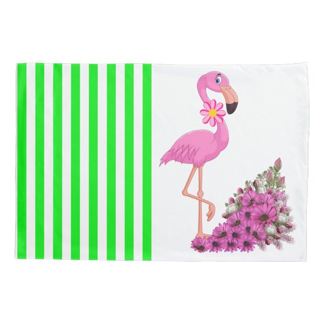 Pillow Case Green Stripe Pink Flamingo Floral (Back)