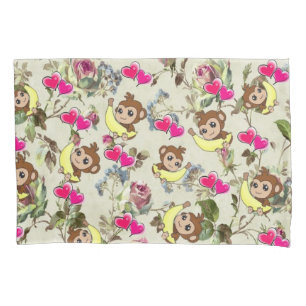 Pillow Case Monkey Bananas Pink Hearts Floral