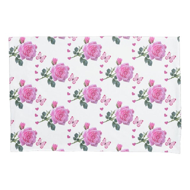 Pillow Case Pink Rose Floral Butterfly Hearts (Front)