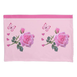 Pillow Case Pink Rose Floral Butterfly Hearts