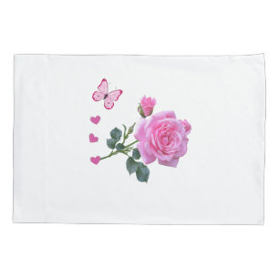 Pillow Case Pink Rose Floral Butterfly Hearts
