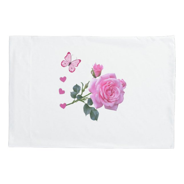 Pillow Case Pink Rose Floral Butterfly Hearts (Back)