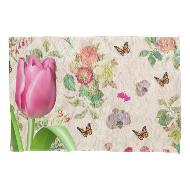 Pillow Case Pink Tulip Butterfly (Front)
