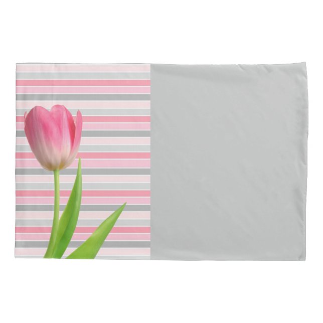 Pillow Case Pink Tulip Grey Stripe (Back)