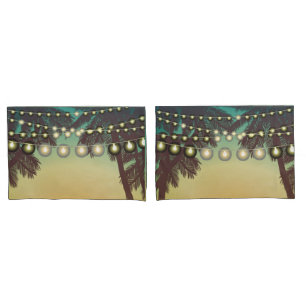 Pillow Cases Beach Sunset Palm Trees String Lights