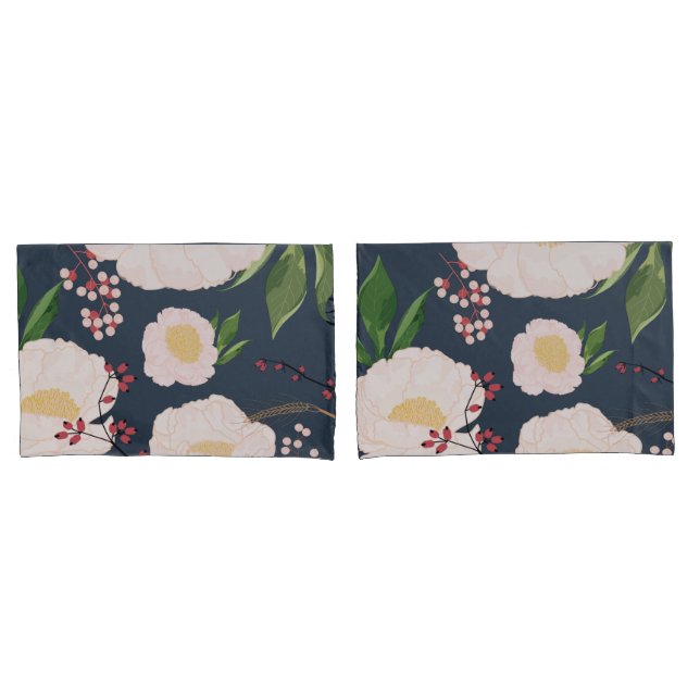 Pillow Cases White Floral Flowers on Dark Blue (Front-Set)
