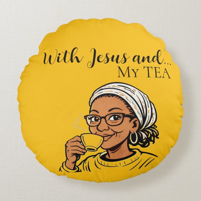 Pillow depicting Jesus and My Tea (Front)