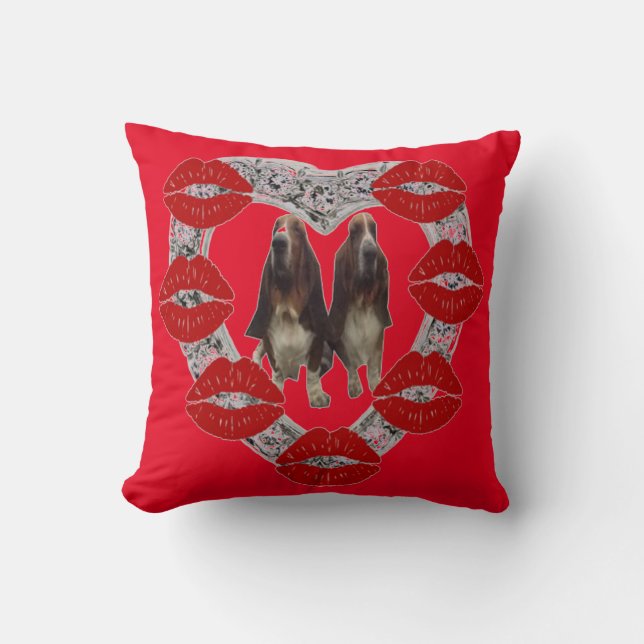 Pillow Diamond Heart With Bassets & Kisses (Front)