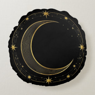 Pillow Round Luxury Black Gold Celestial Moon