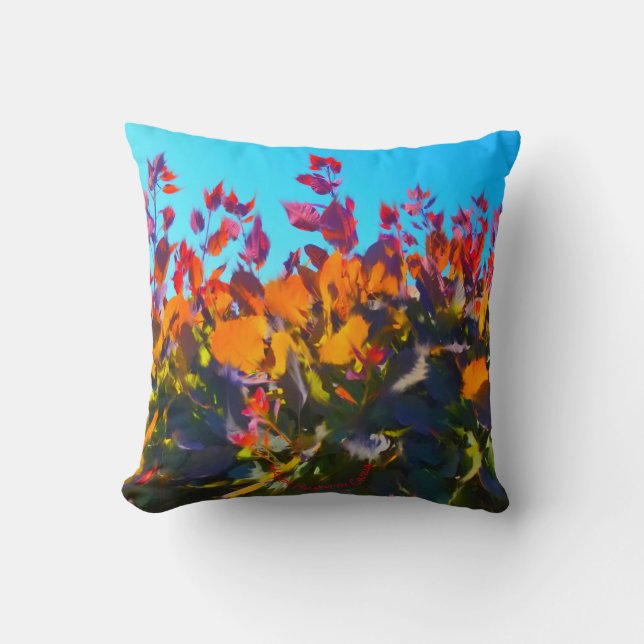 Pillow with orange leaves reaching the blue sky! (Front)