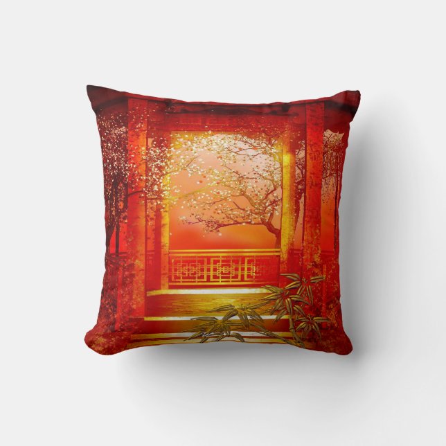 Pillows Asian Gold Red Bamboo Blossom (Front)