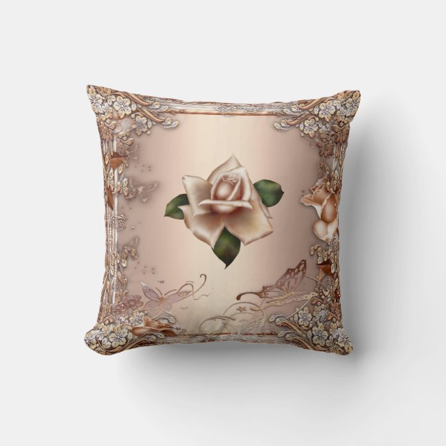 Pillows Roses Beige Cream Gold Floral (Front)
