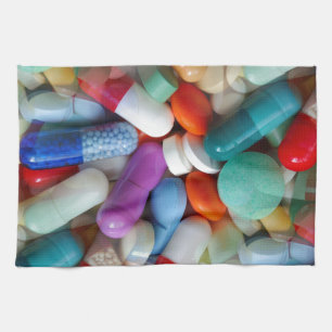 pills drugs tea towel