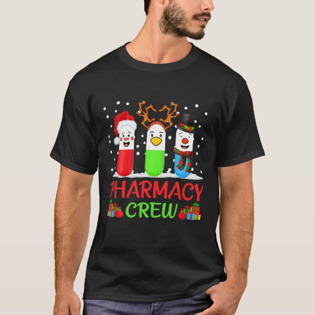Pills Snowman Reindeer Santa Claus Pharmacy Crew C T-Shirt (Front)