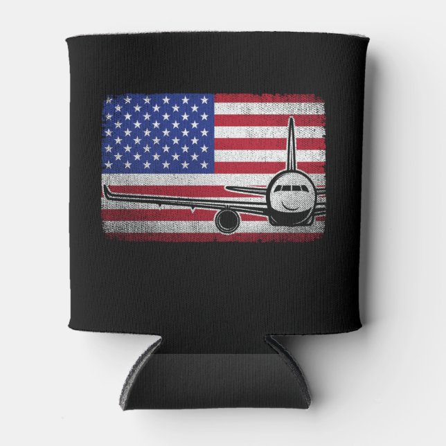 Pilot Aeroplane American Flag Plane Aviation  Can Cooler (Front)