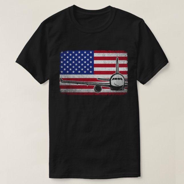 Pilot Aeroplane American Flag Plane Aviation  T-Shirt (Design Front)
