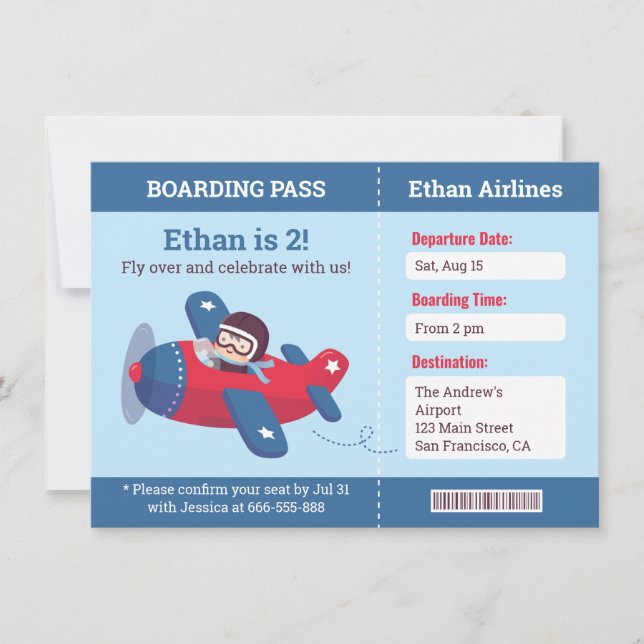 Pilot Aeroplane Boarding Pass Birthday Party Blue Invitation (Front)