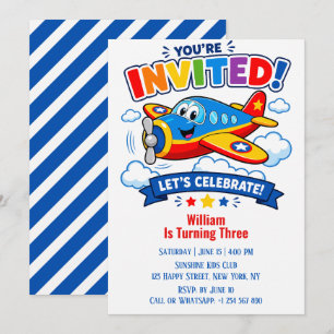 Pilot Aeroplane Boy 3rd Birthday Plane Party Invitation