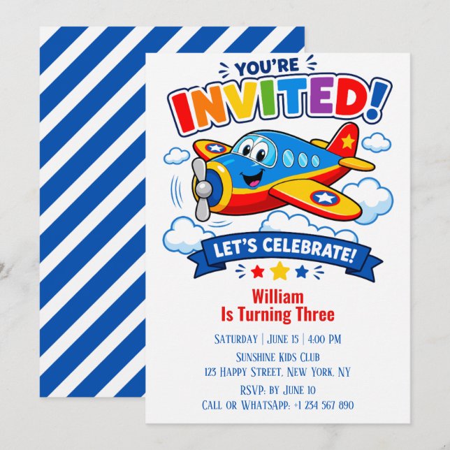 Pilot Aeroplane Boy | 3rd Birthday Plane Party  Invitation (Front/Back)