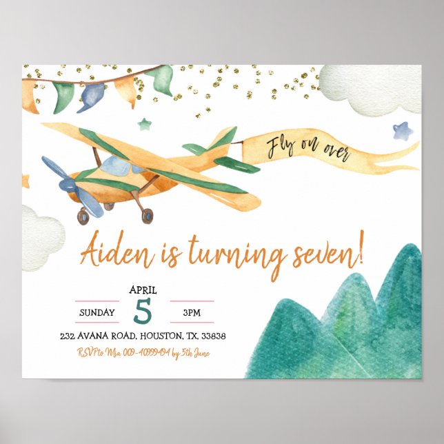 Pilot Aeroplane Boy Birthday Party Invitation Poster (Front)